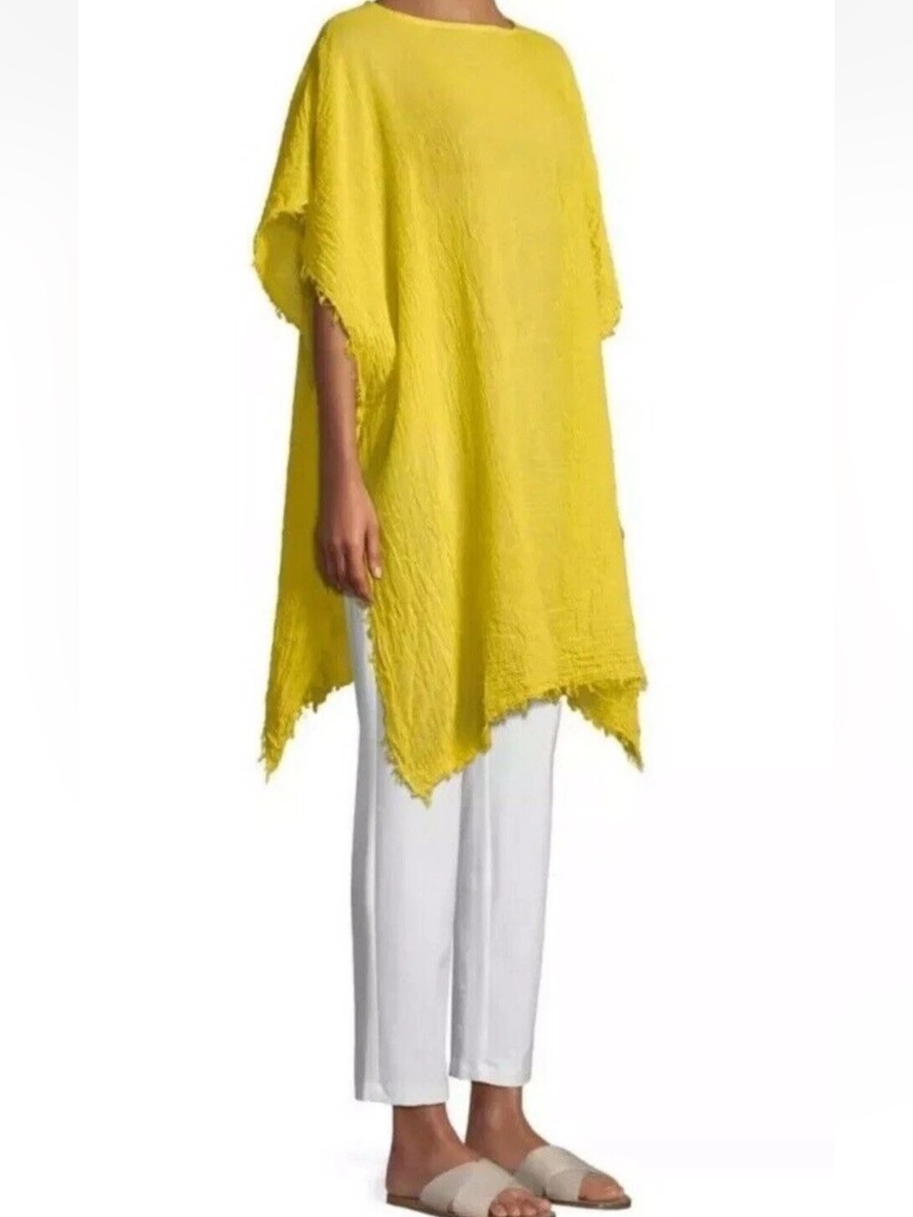 Eileen Fisher Women’s Frayed Organic Cotton Poncho in Yarrow Italy One Size S-XL